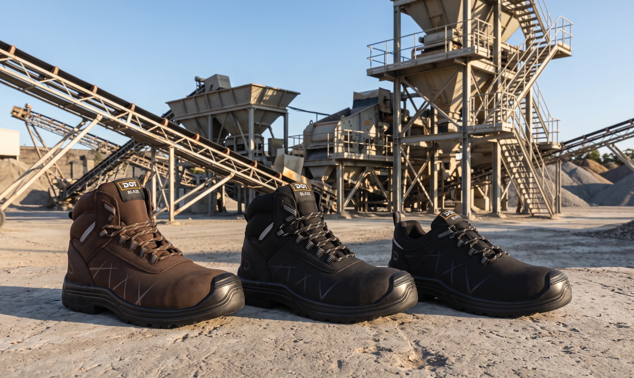 DOT Blaze family: brown and black hiker boots and a black safety shoe at an industrial site