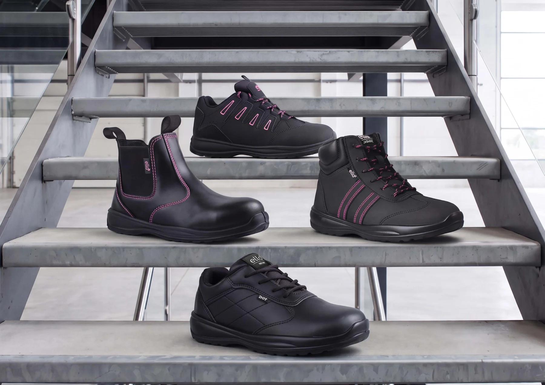 ELLA women’s safety footwear collection on industrial stairs