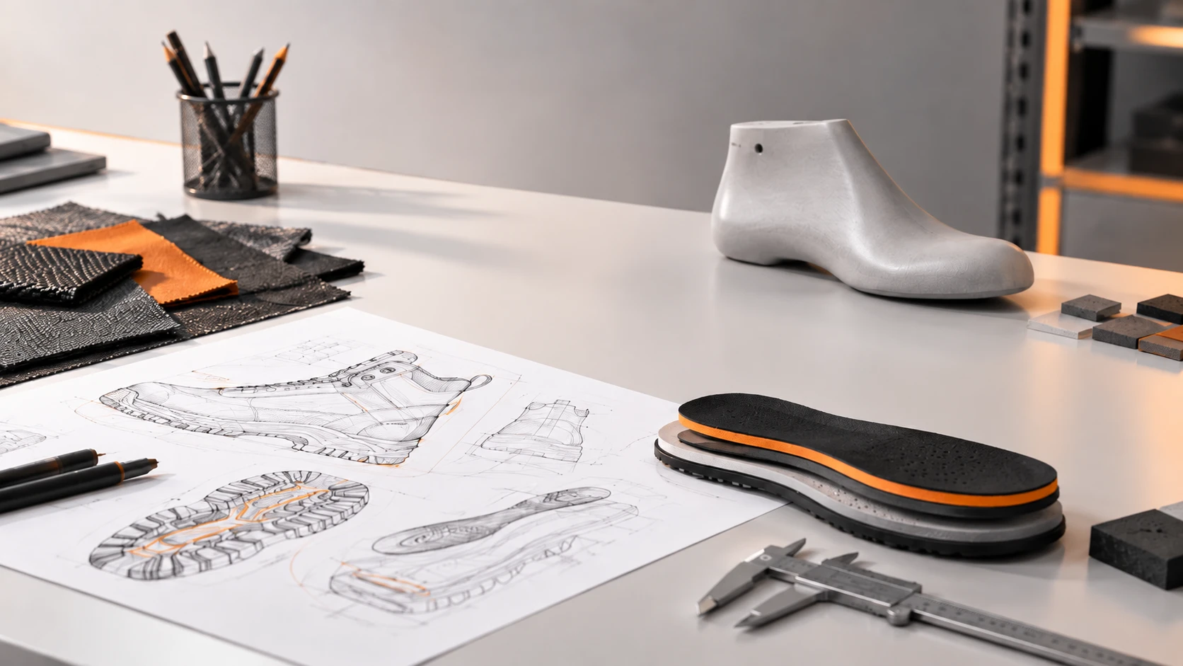 Footwear design workspace with boot sketches, material samples, a shoe last and sole prototypes