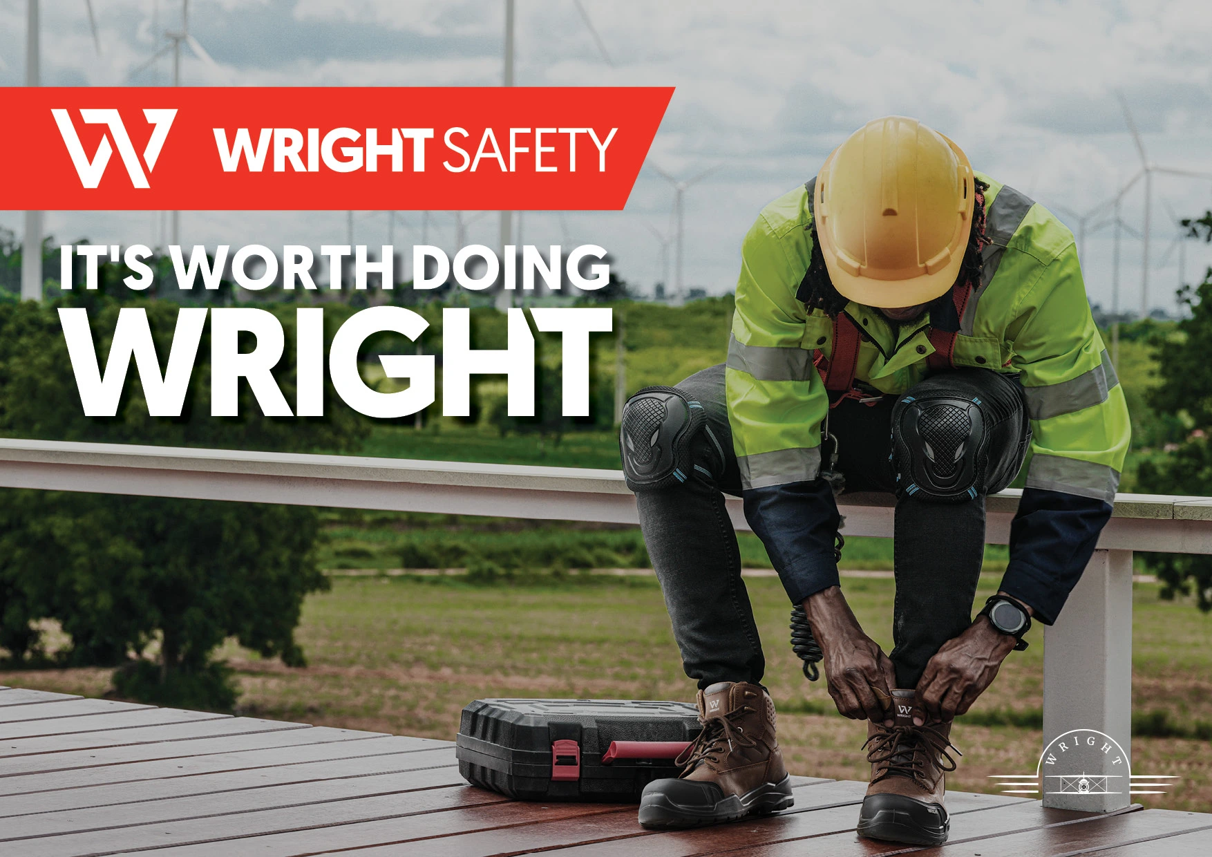 WRIGHT Safety campaign featuring a worker lacing brown safety boots
